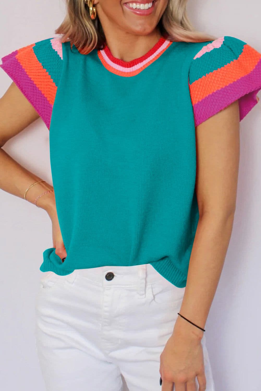 image-Turquoise Flutter Sleeve Knit Sweater