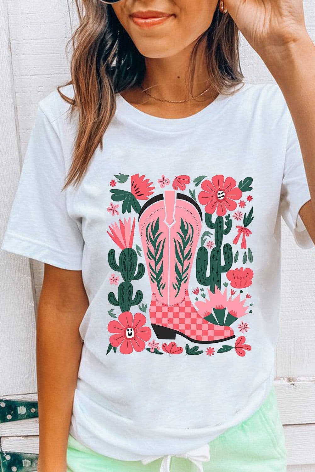 image-White Western Boots Flower Print Round Neck T Shirt