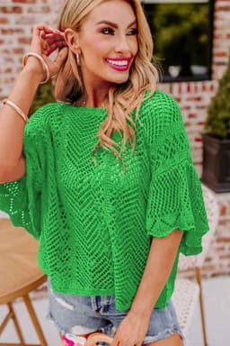 image-Rose Red Pointelle Knit Top - Short Sleeve, Scallop Edge, Delicate Design