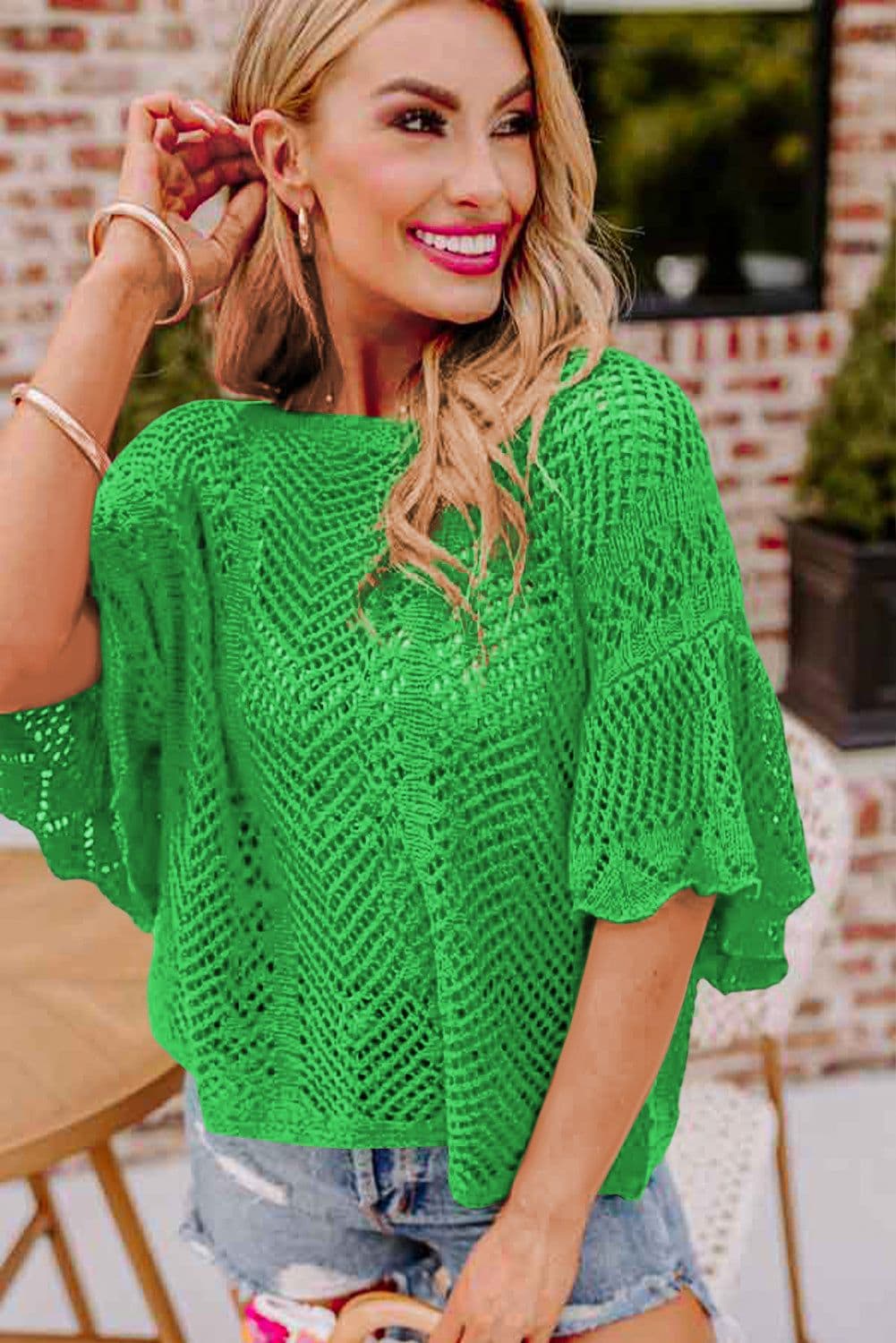 image-Rose Red Pointelle Knit Top - Short Sleeve, Scallop Edge, Delicate Design