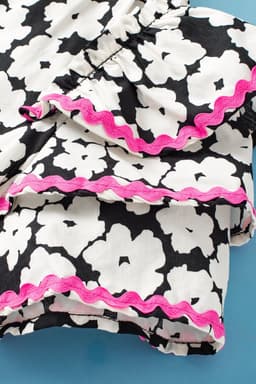 image-Pink Floral Ruffle Sleeve Blouse - Layered Contrast Ric Rac