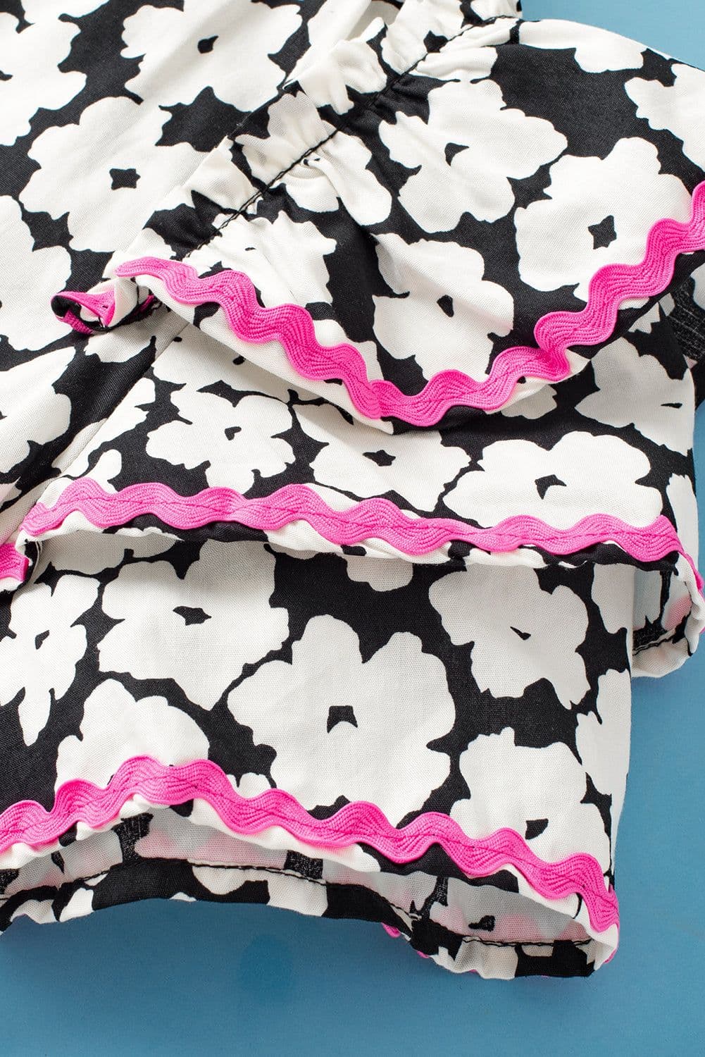 image-Pink Floral Ruffle Sleeve Blouse - Layered Contrast Ric Rac