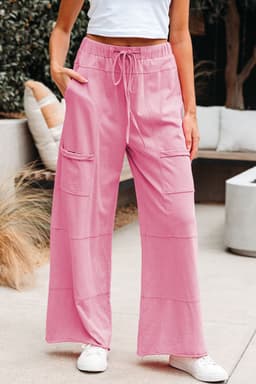 image-Smoke Gray Mineral Wash Exposed Seam Drawstring Elastic Waistband Wide Leg Cargo Pants