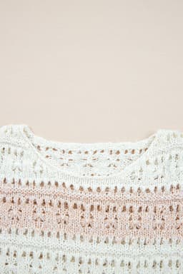 image-Pink Hollow-out Colorblock Drop Shoulder Casual Sweater