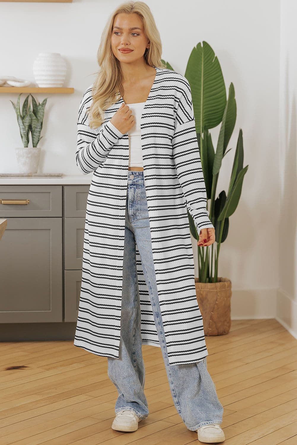 image-Black Stripe Open Front Duster Cardigan