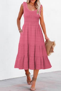image-Rose Shirred Pleated Square Neck Sleeveless Midi Dress