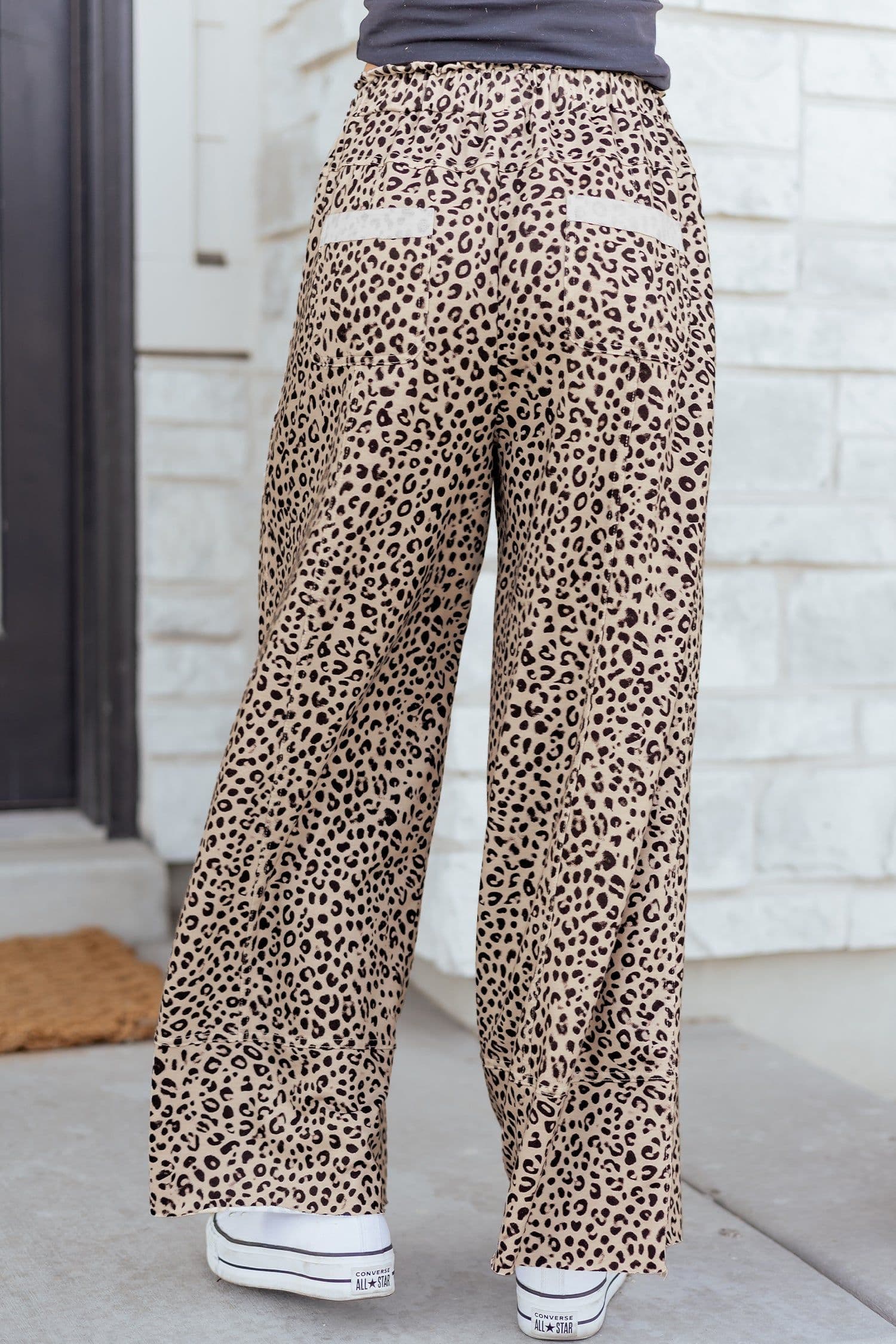 image-Khaki Animal Print Wide Leg Terry Knit Pants