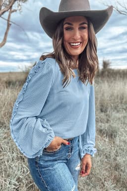 image-Mist Blue Puff Sleeve Corded Blouse with Frilly Detail (56 characters)