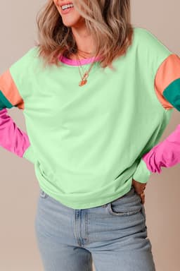 image-Dark Blue Colorblock Patchwork Long Sleeve Loose Top