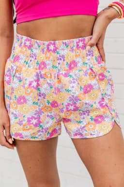 image-Pink Boho Floral Shirred High Waist Shorts