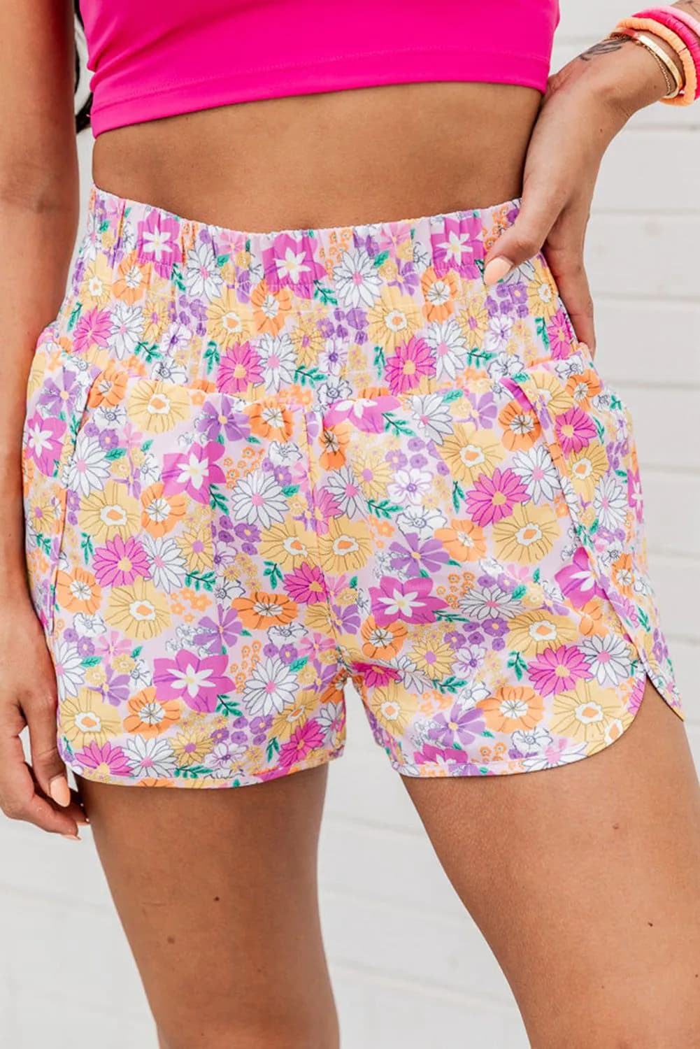 image-Pink Boho Floral Shirred High Waist Shorts