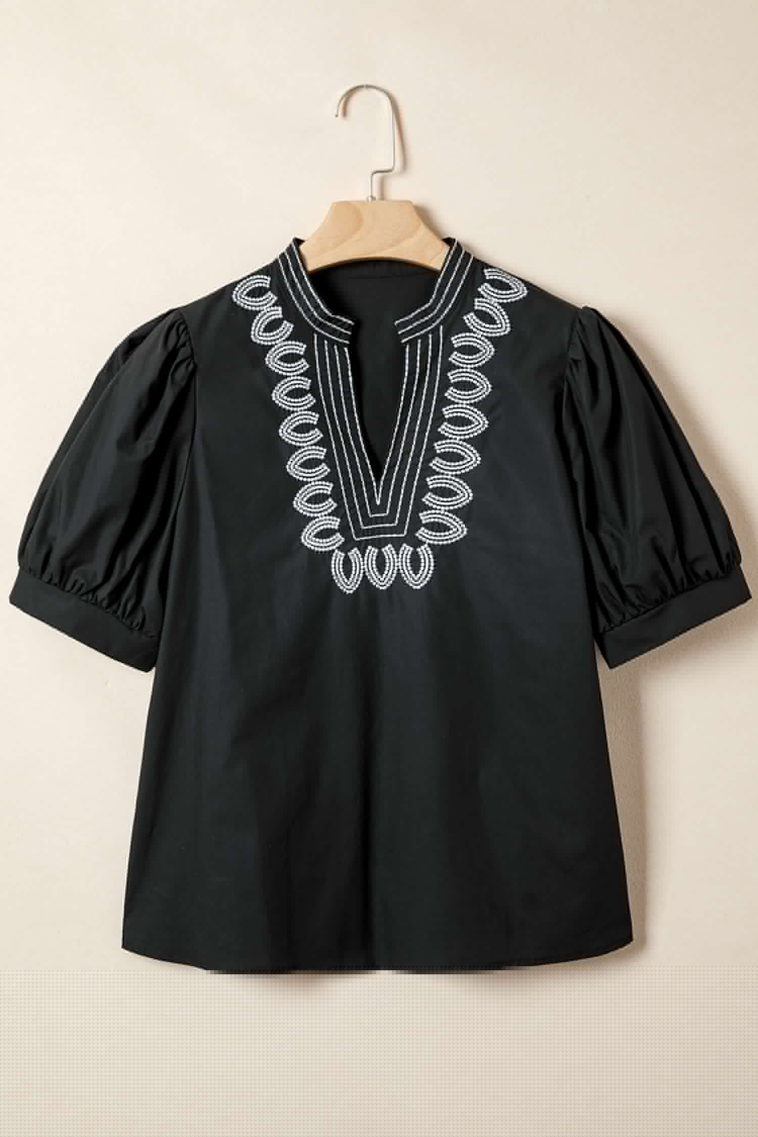 image-Black Short Puff Sleeve Contrast Embroidered Detail V Neck Blouse
