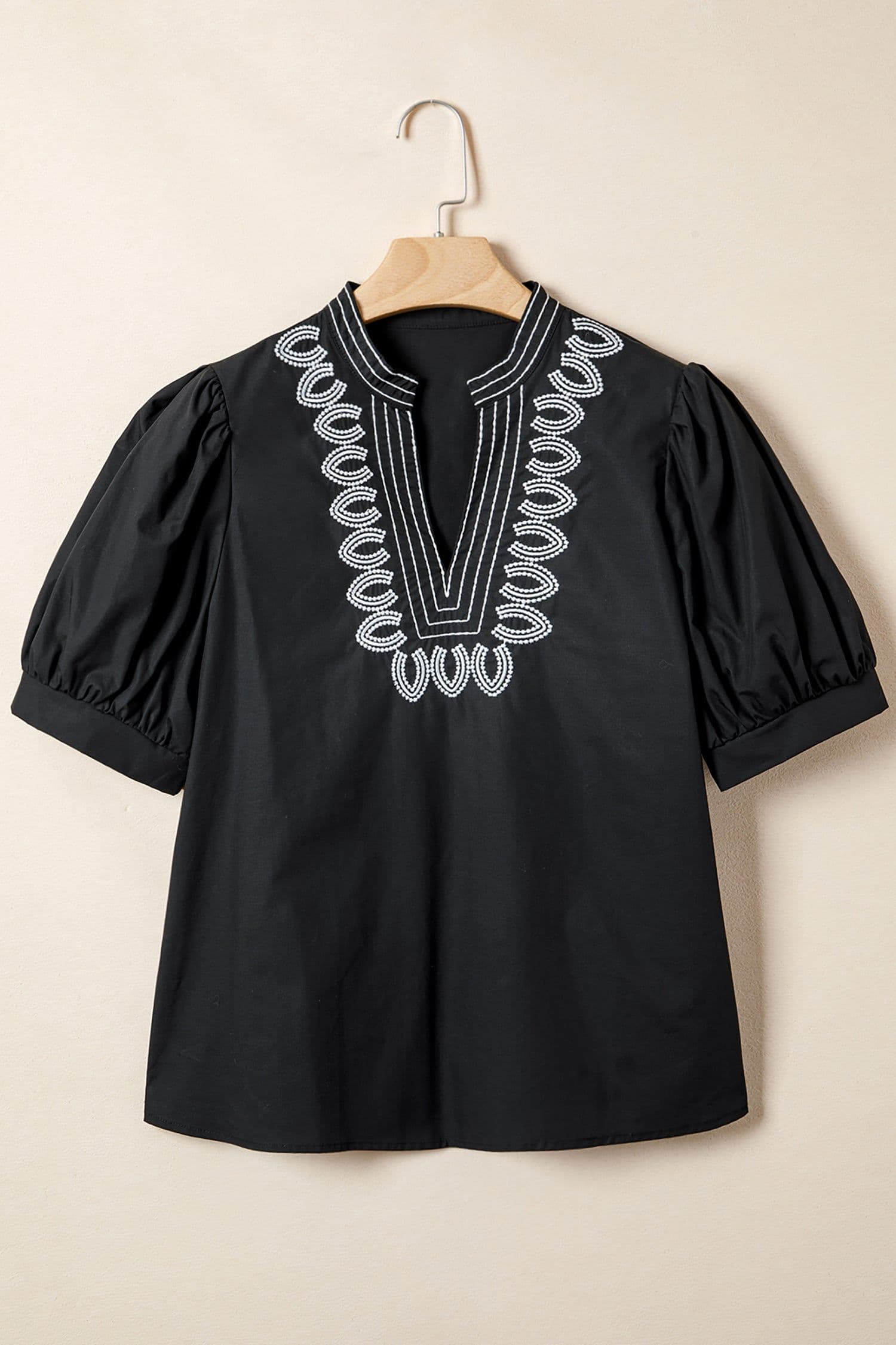 image-Black Short Puff Sleeve Contrast Embroidered Detail V Neck Blouse