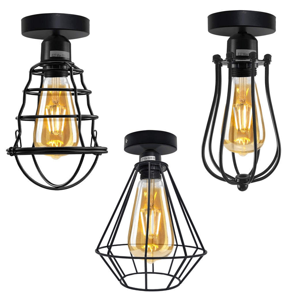 image-Vintage Wire Cage Ceiling Light Metal Round Ceiling Rose E27 Light Fitting 60W Lighting Bulb Holder