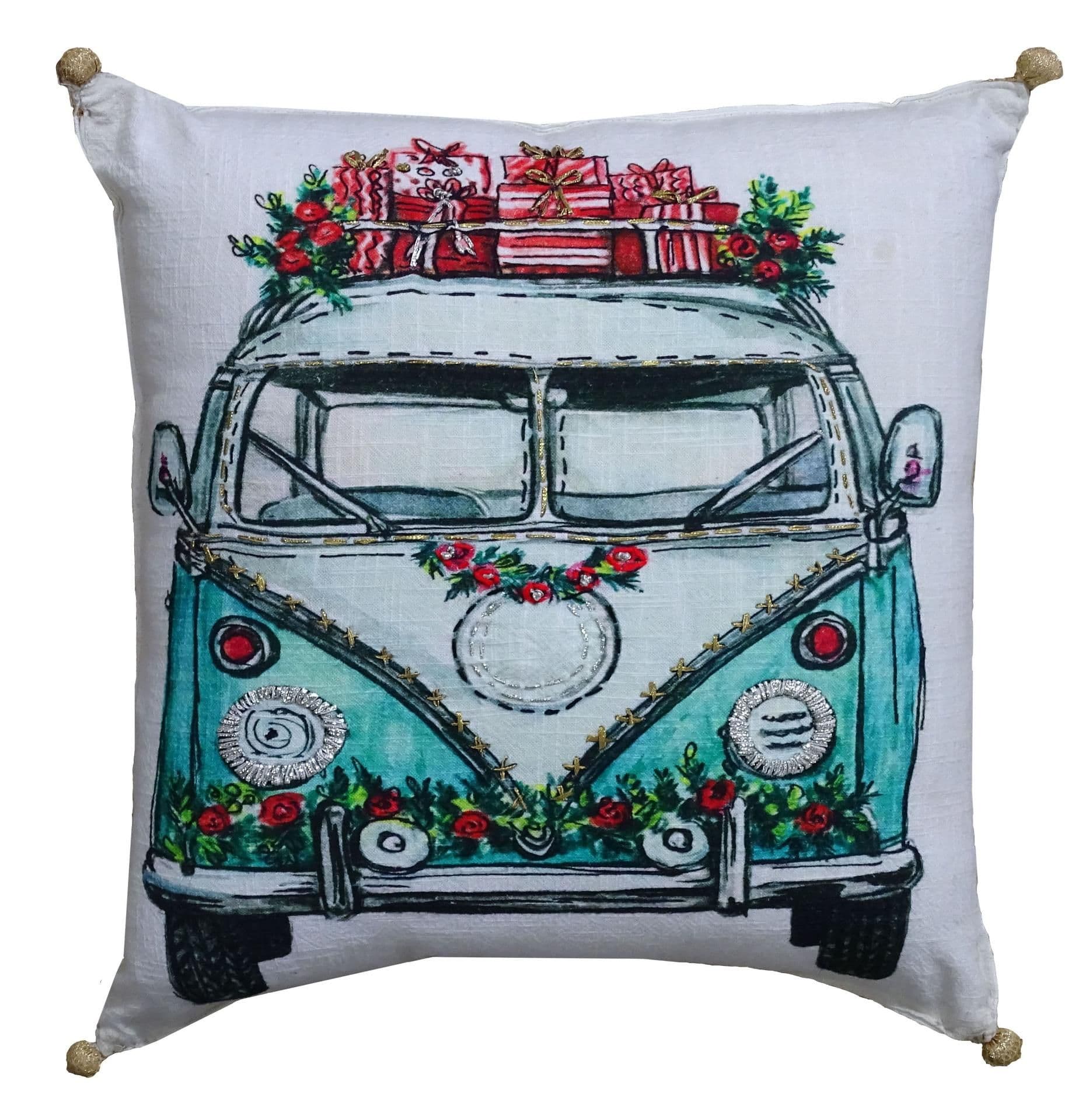 image-Hand Illustrated Christmas Holiday Van Pillow (18"x18")