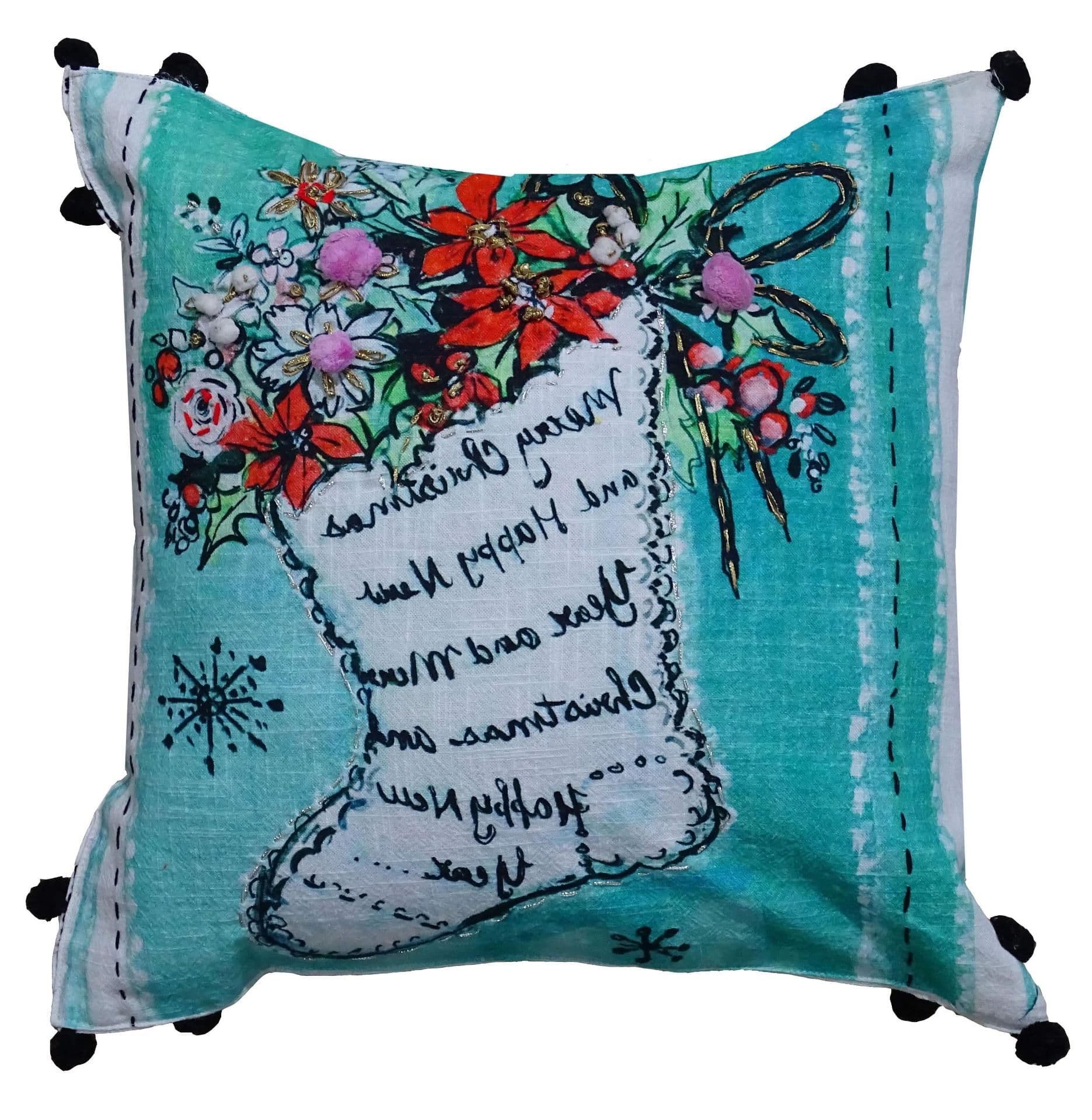 image-Hand Illustrated Christmas Holiday Pillow (Stocking, 18"x18")
