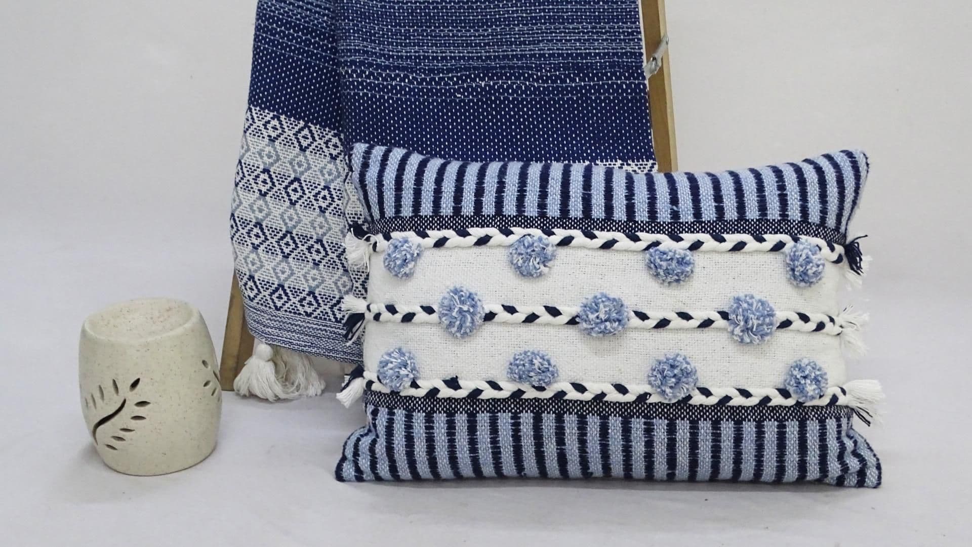 image-Striped Throw Pillow with Braid and Tassels 14"x20"