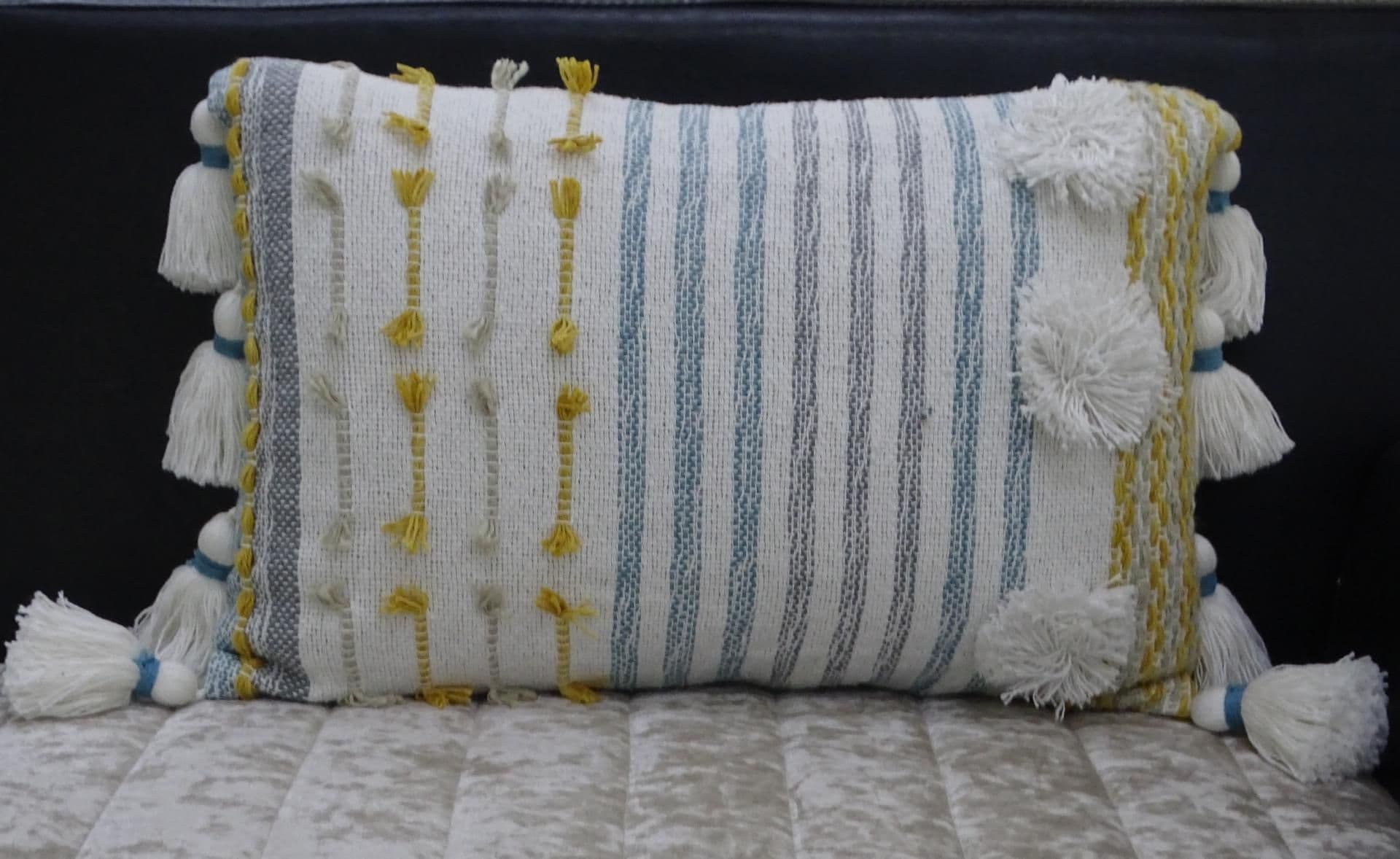 image-Designer Striped Pillow with Large Poms and Tassels 14"x20"