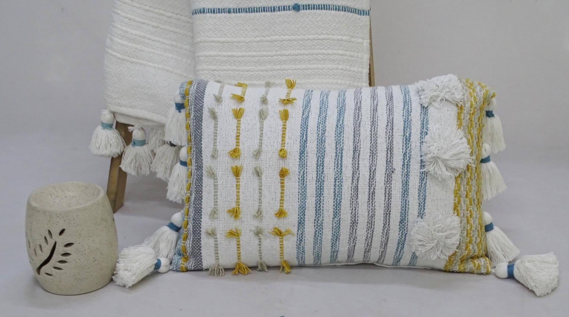 image-Designer Striped Pillow with Large Poms and Tassels 14"x20"