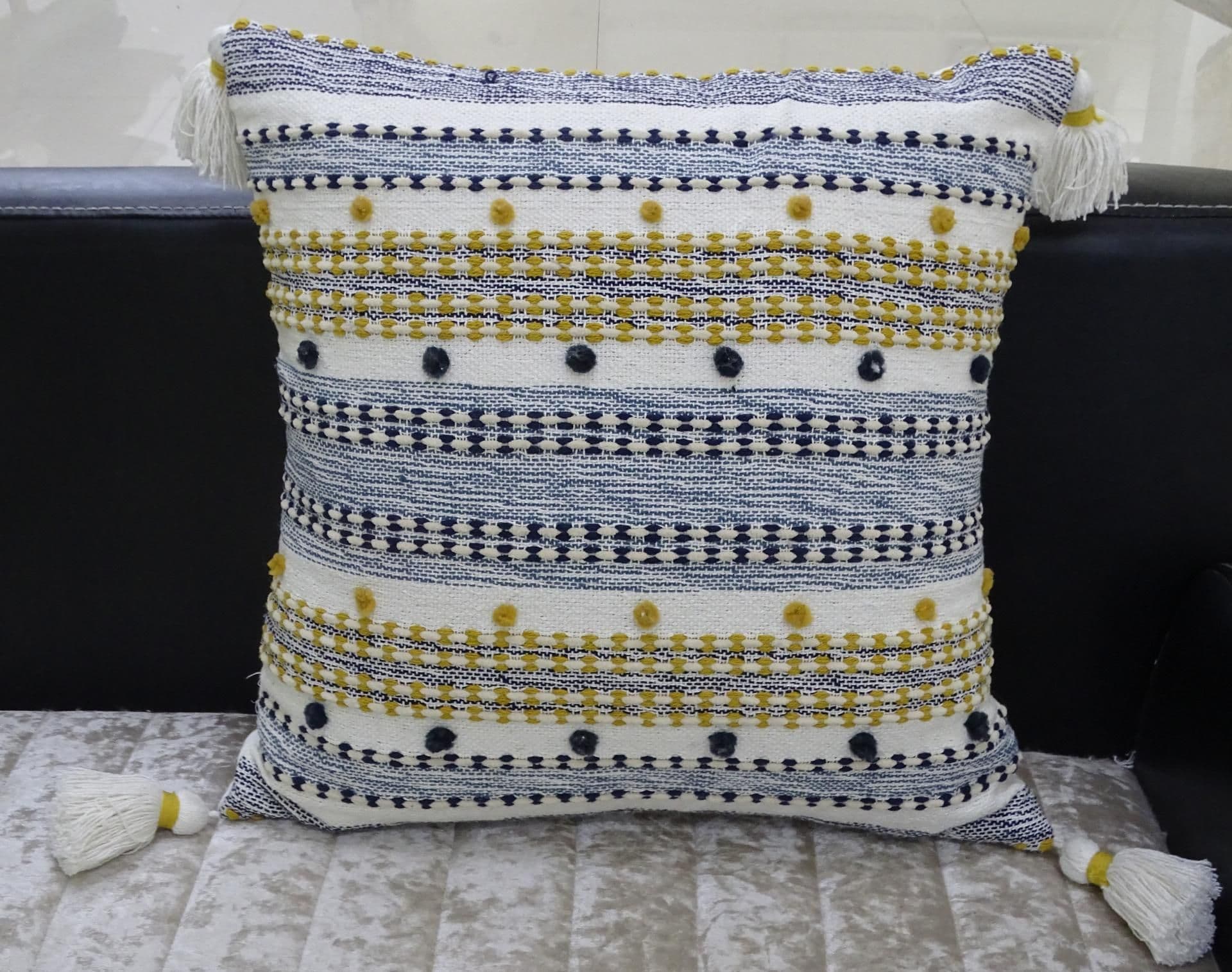 image-Designer Striped Pillow with Mini Poms and Tassels 20"x20"