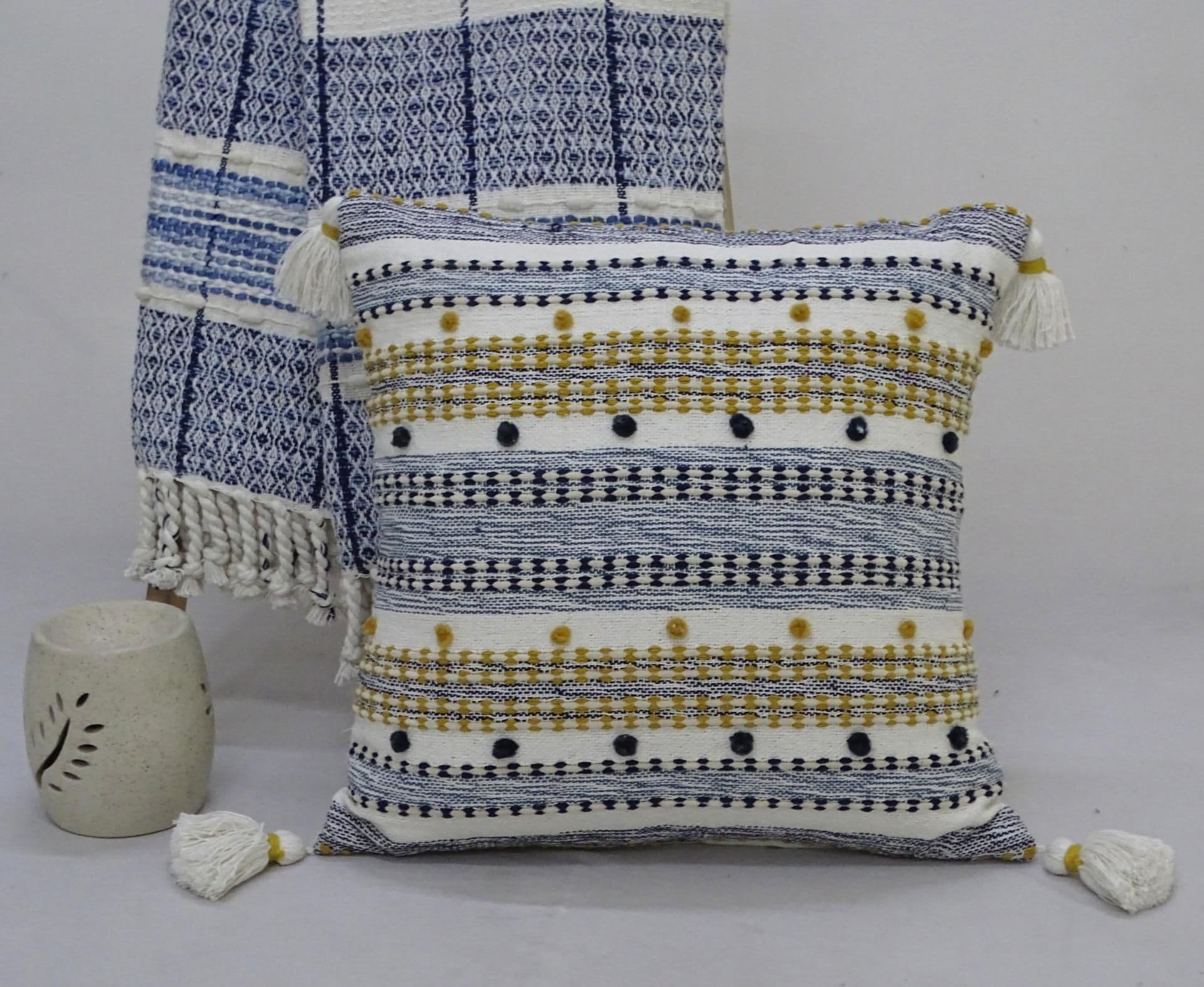 image-Designer Striped Pillow with Mini Poms and Tassels 20"x20"