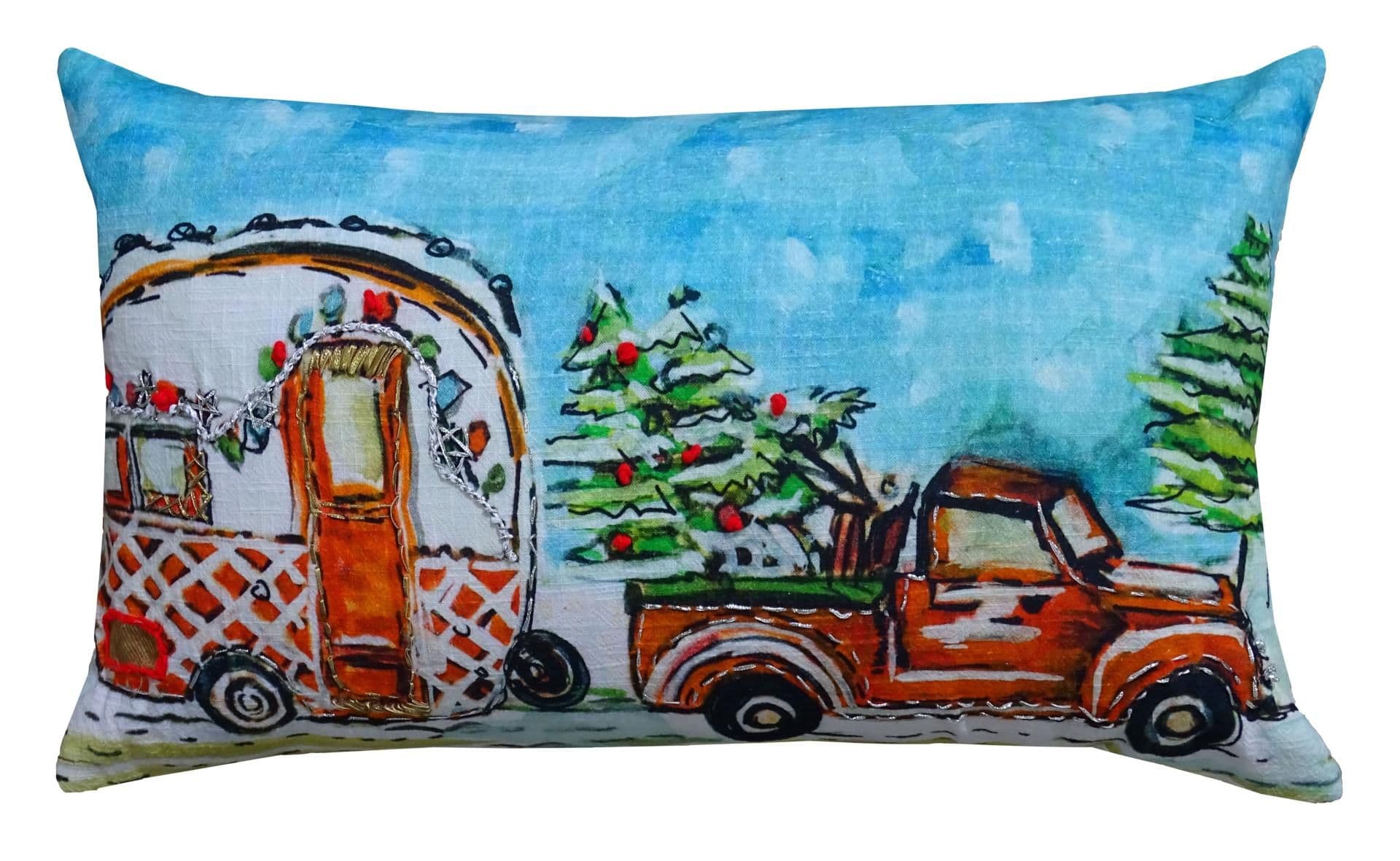image-Hand Illustrated Christmas Cravan Holiday Pillow (14"X20")