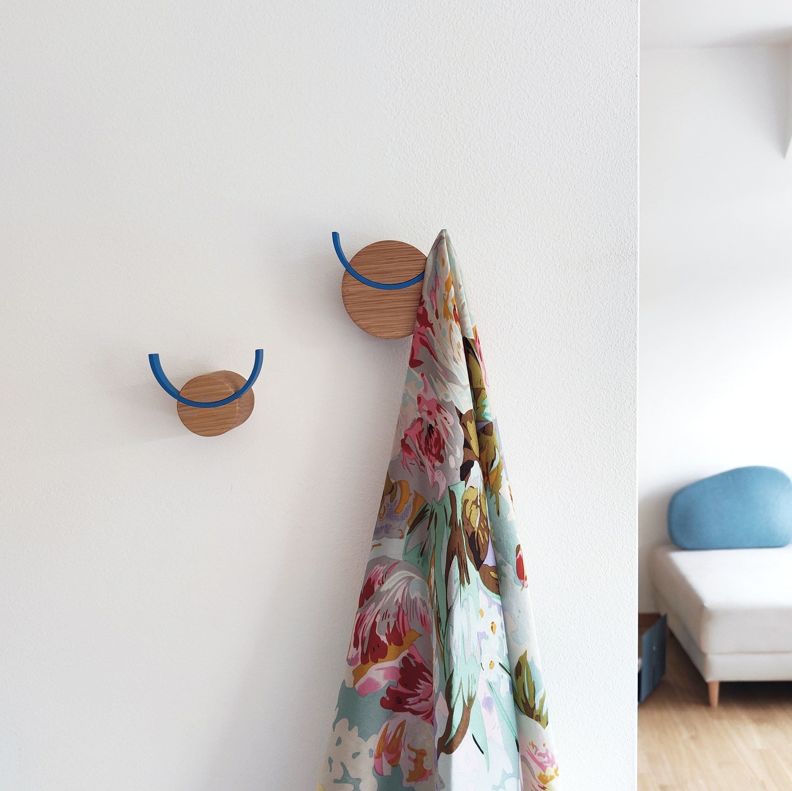 image-Wall hook DEER | oak wood, blue painted steel