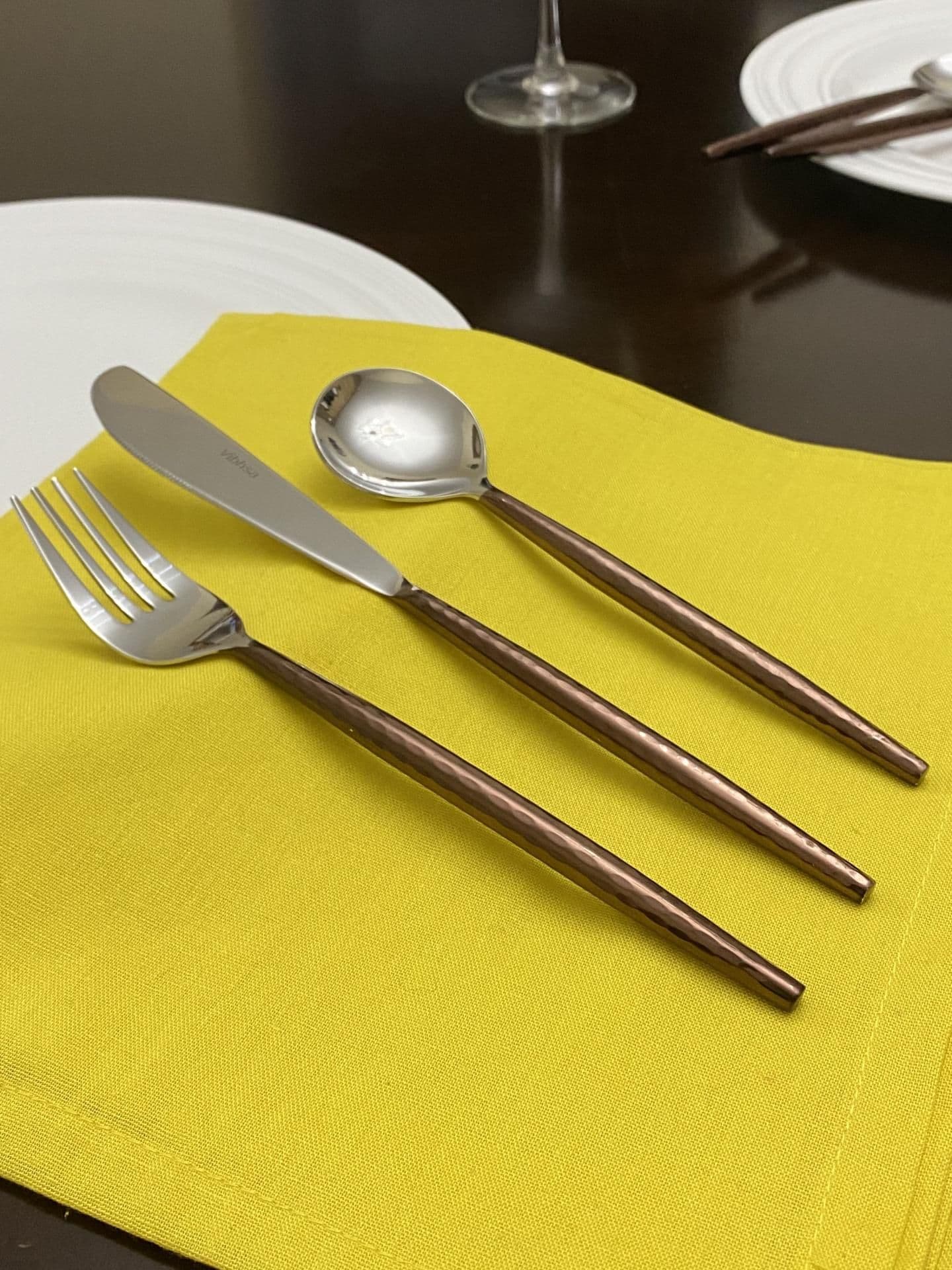 image-Hammered Stainless Steel Flatware 18-Piece Set (Dinner knives, Dinner Forks, Soup Spoons)-Brown