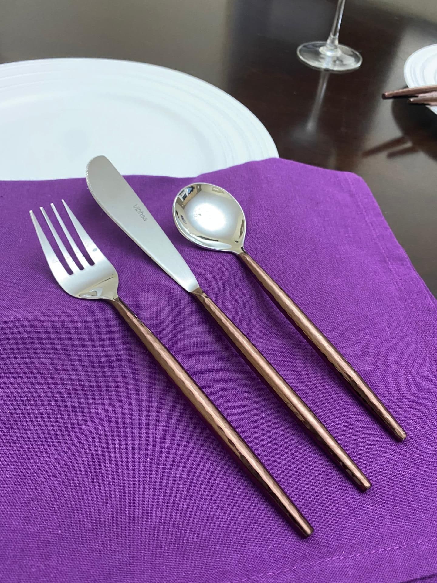 image-Hammered Stainless Steel Flatware 18-Piece Set (Dinner knives, Dinner Forks, Soup Spoons)-Brown