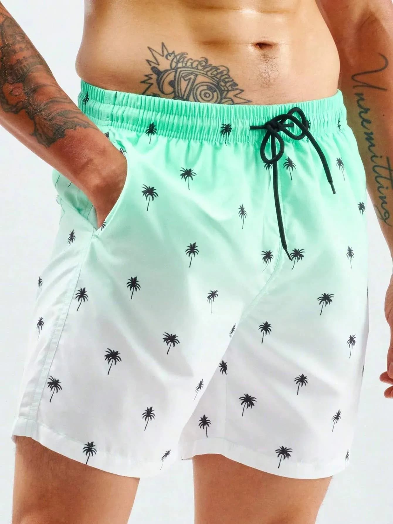 image-Summer Men's Beach Short Coconut Tree Drawstring Men's swim Trunks Elastic Waist 3D Print Gradient Breathable Short Streetwear