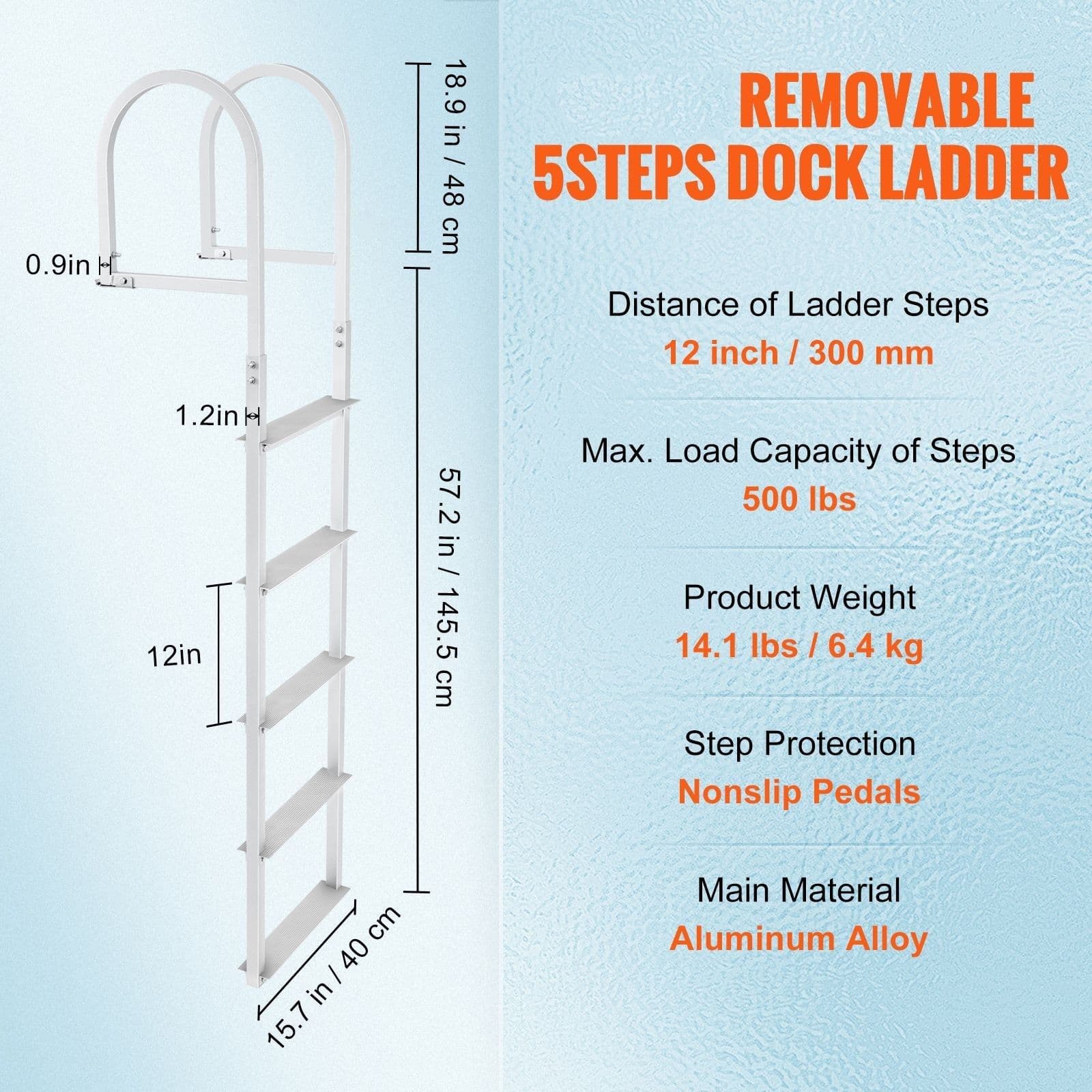 image-VEVOR Dock Ladder, Removable 5 Steps, 500 lbs Capacity, Aluminum Alloy