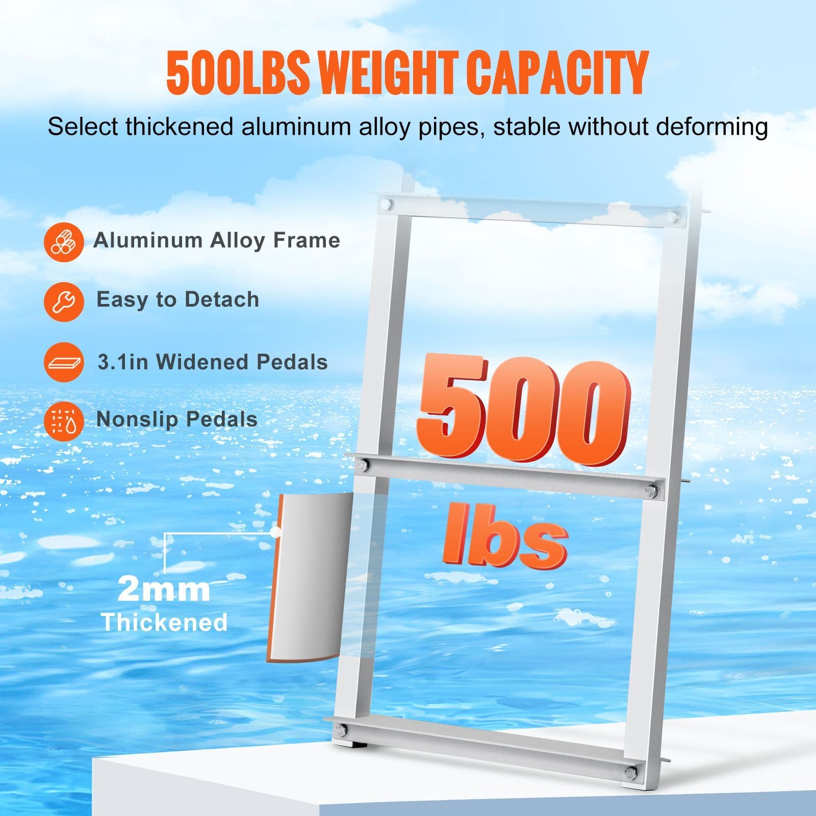 image-VEVOR Dock Ladder, Removable 5 Steps, 500 lbs Capacity, Aluminum Alloy
