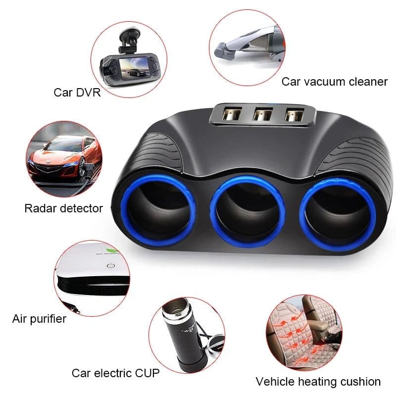image-3 USB Port 3 Way 3.1A Blue Led Car Cigarette Lighter Socket Splitter Hub Power Adapter 12V-24V For iPad Smartphone DVR GPS