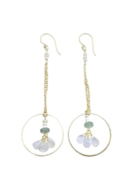 image-Pearl Accented Gold Chain Dangle Earrings with Green Strawberry Quartz and Moonstone Hoop Drop