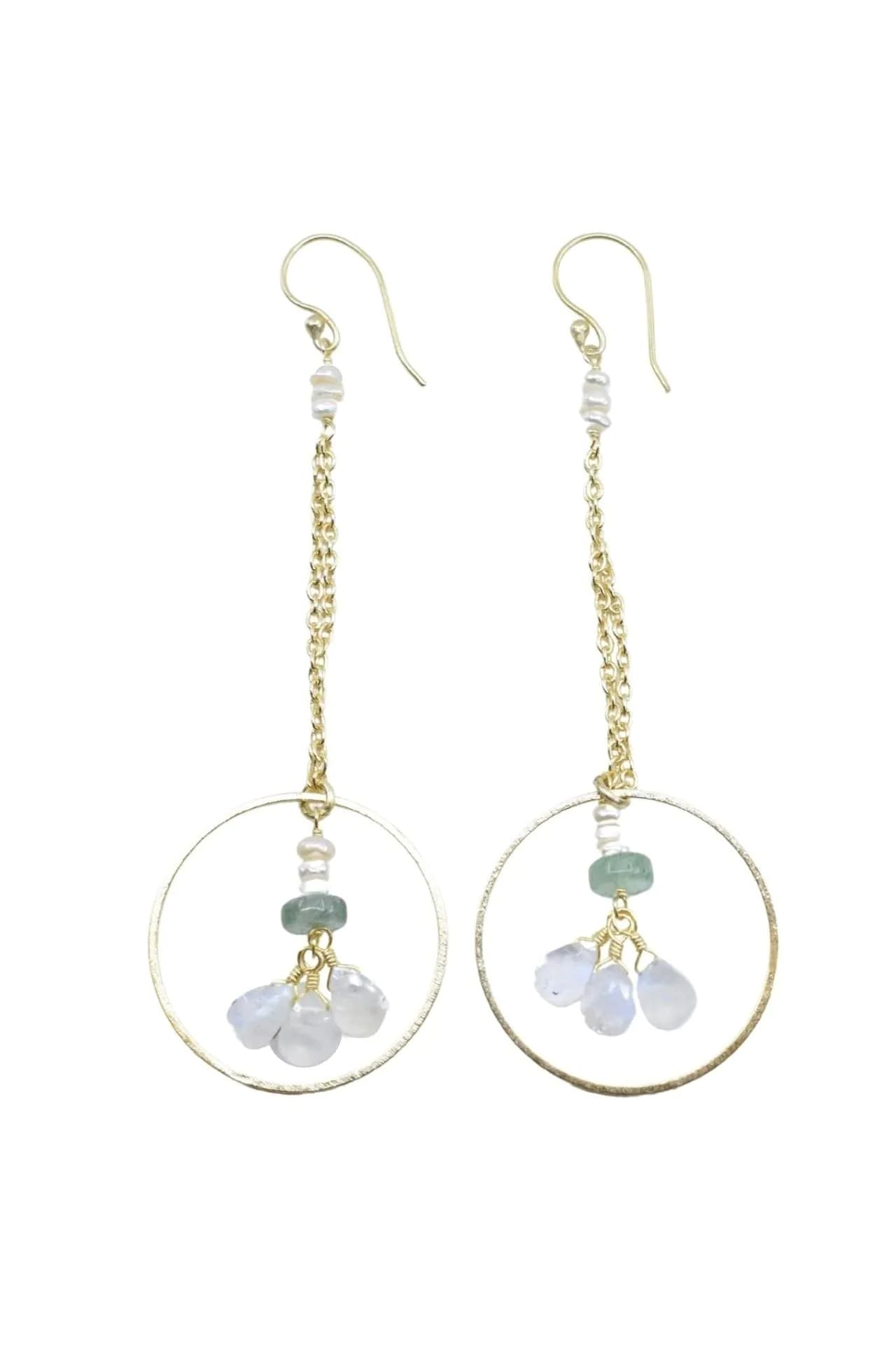 image-Pearl Accented Gold Chain Dangle Earrings with Green Strawberry Quartz and Moonstone Hoop Drop
