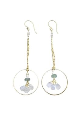 image-Pearl Accented Gold Chain Dangle Earrings with Green Strawberry Quartz and Moonstone Hoop Drop