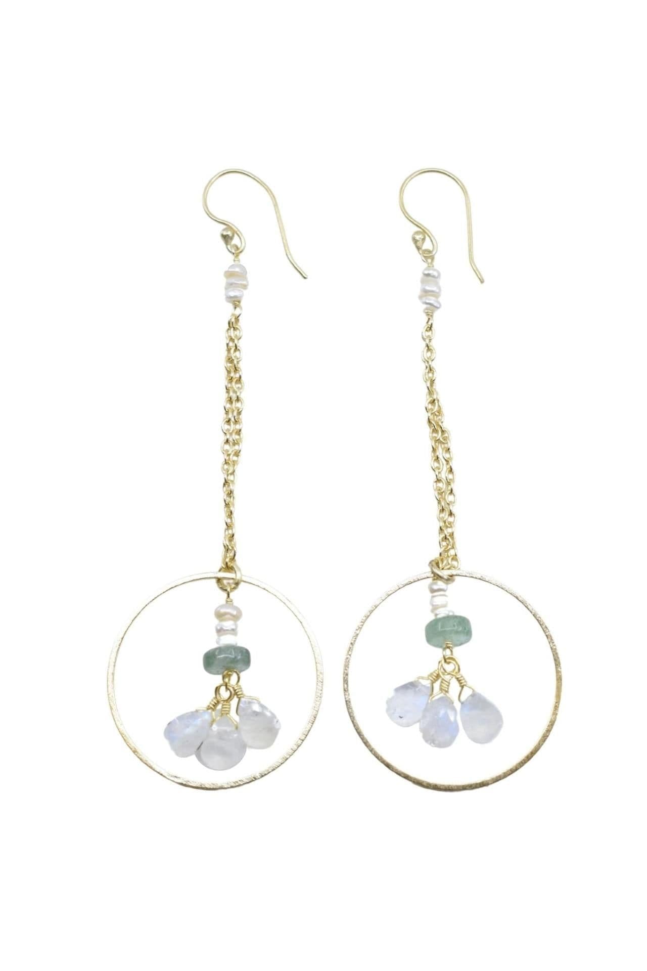 image-Pearl Accented Gold Chain Dangle Earrings with Green Strawberry Quartz and Moonstone Hoop Drop