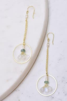 image-Pearl Accented Gold Chain Dangle Earrings with Green Strawberry Quartz and Moonstone Hoop Drop
