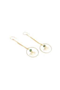 image-Pearl Accented Gold Chain Dangle Earrings with Green Strawberry Quartz and Moonstone Hoop Drop