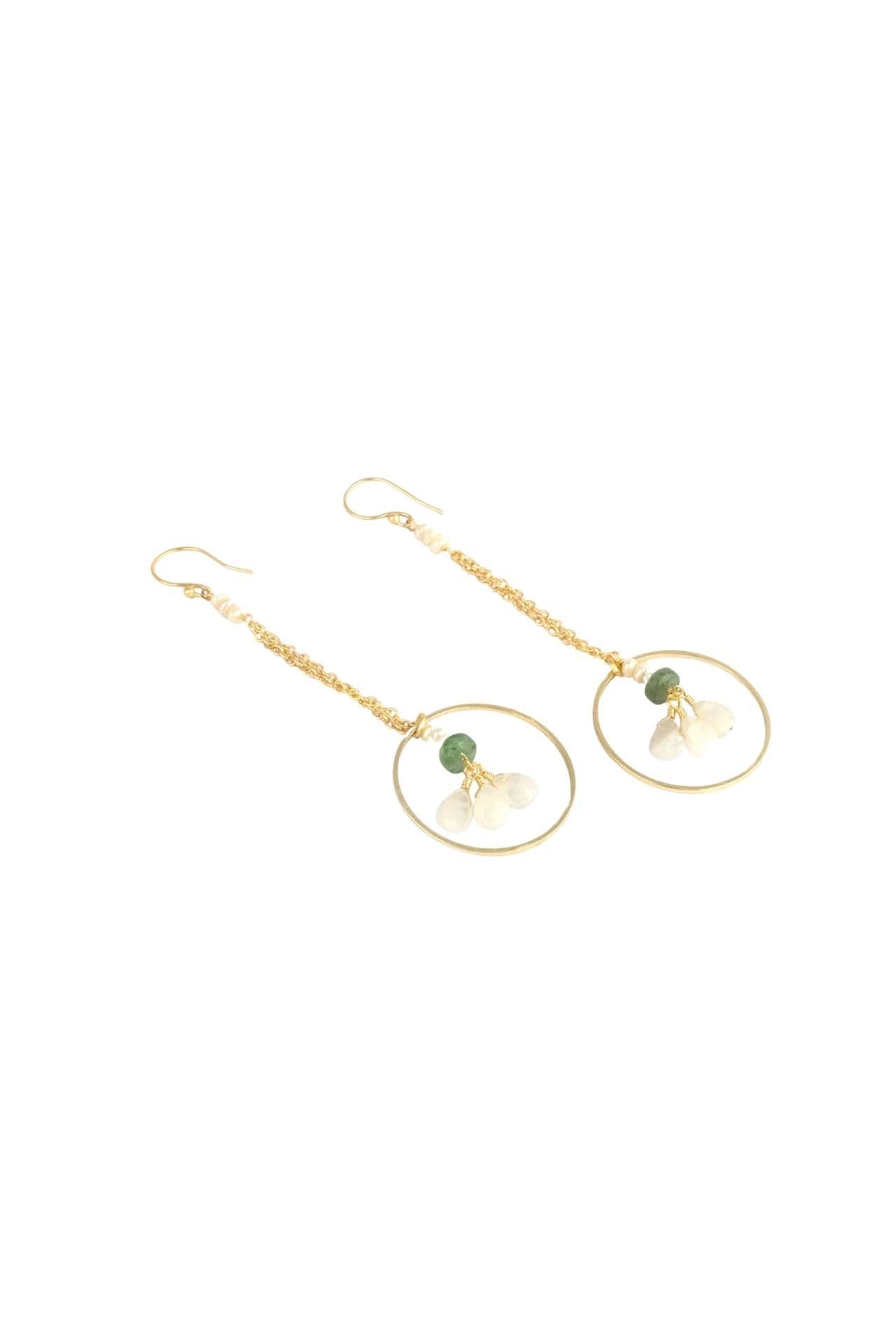 image-Pearl Accented Gold Chain Dangle Earrings with Green Strawberry Quartz and Moonstone Hoop Drop