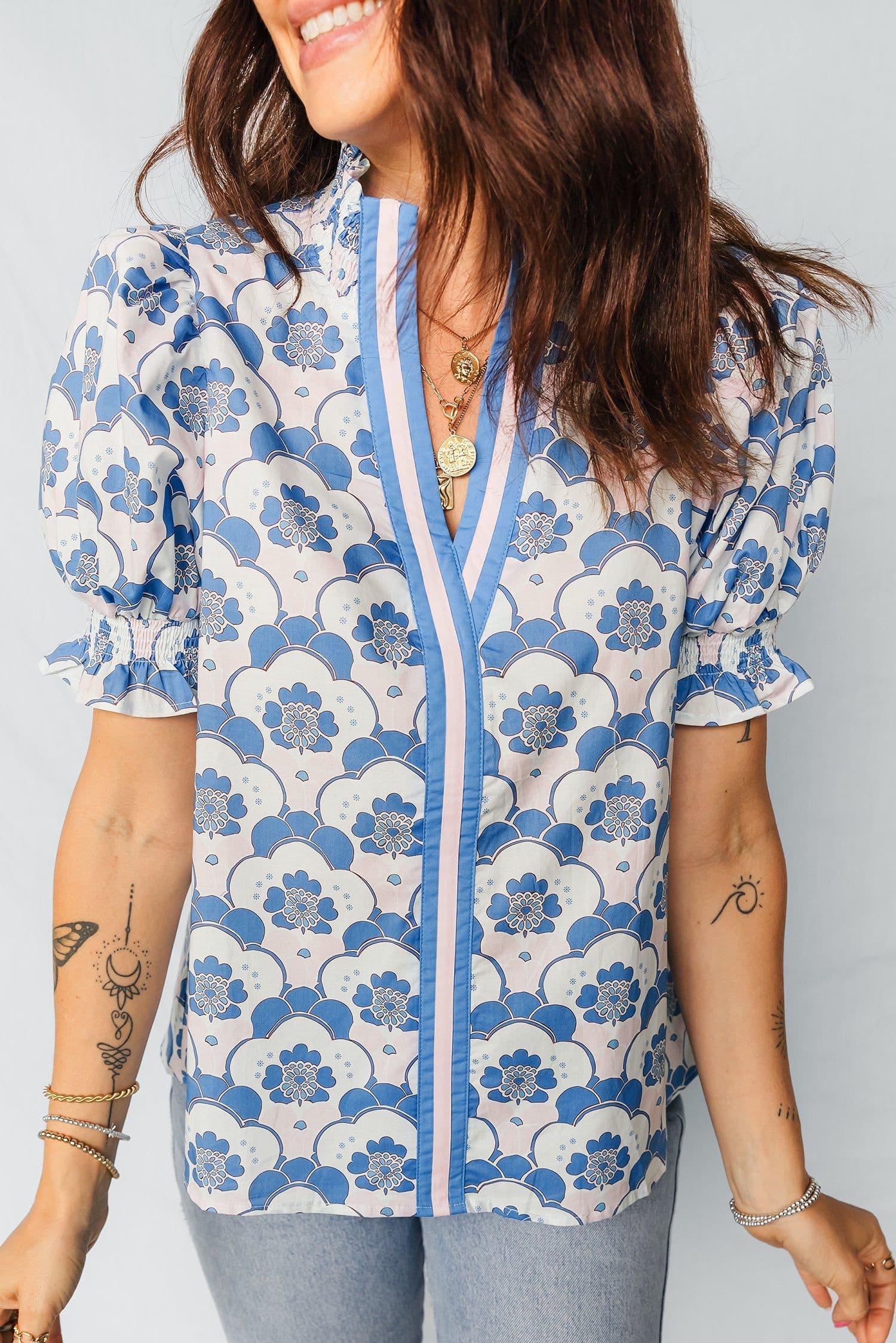 image-Sky Blue Floral Print Flounced Short Sleeve Contrast Trim V Neck Blouse