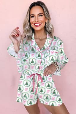 image-White Christmas Pajama Set - Velvet Trim Bow Knot