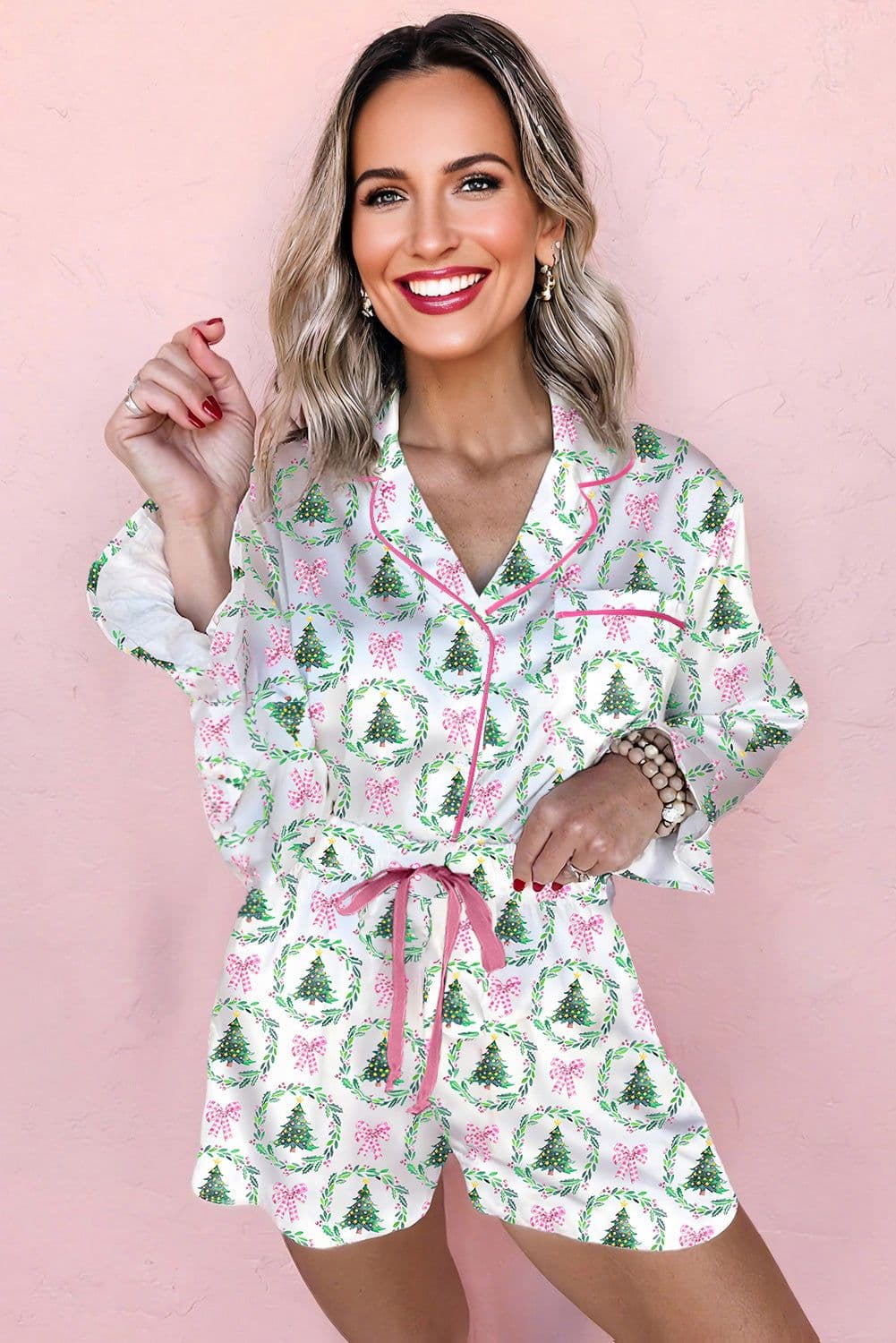 image-White Christmas Pajama Set - Velvet Trim Bow Knot