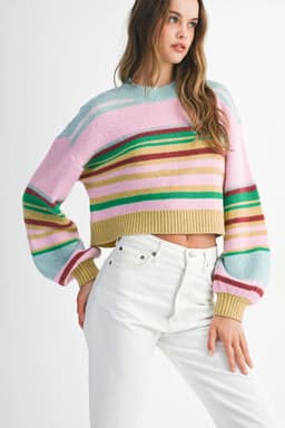 image-Multicolour Striped Knit Ribbed Trim Boxy Fit Cropped Sweater