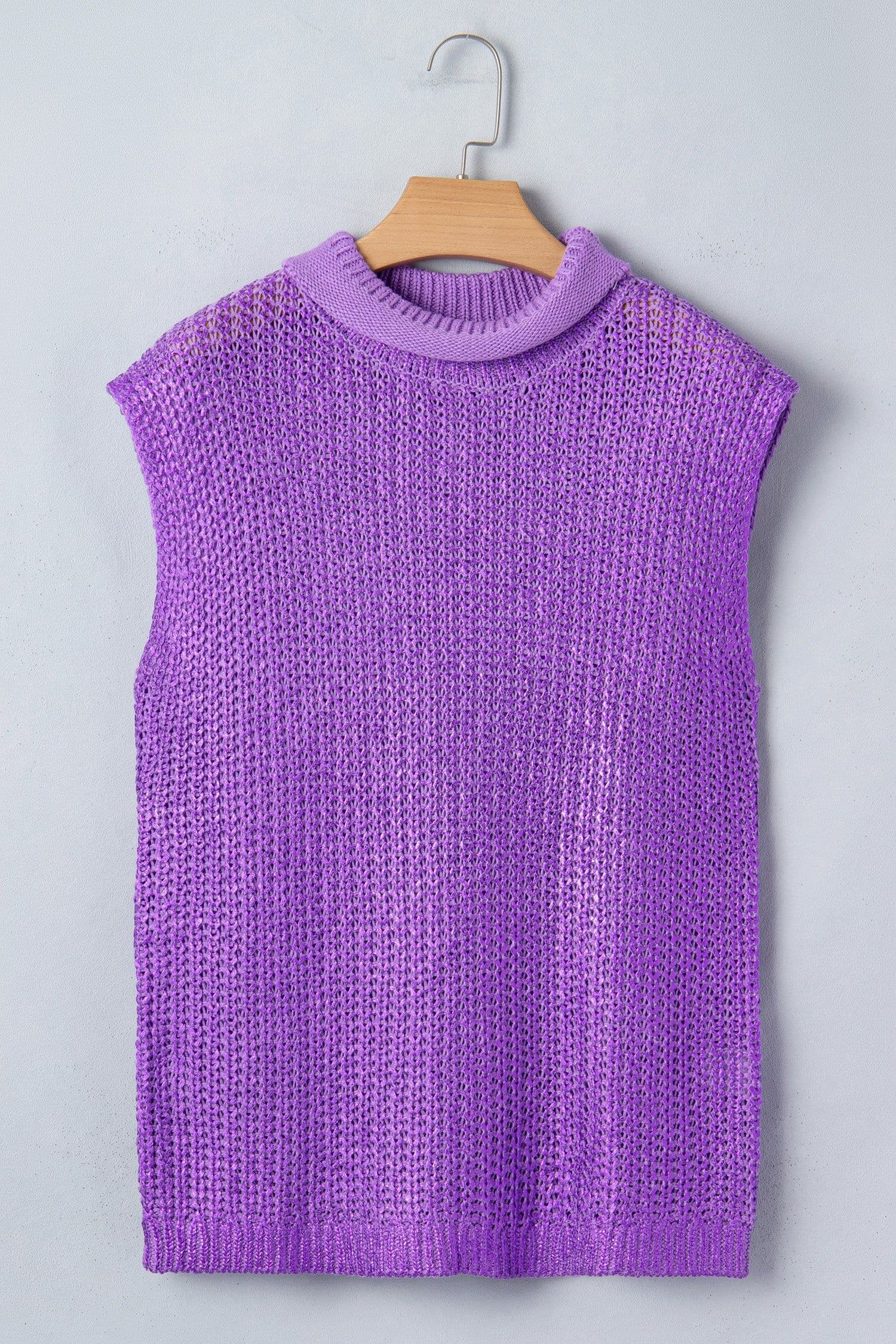 image-Bright Green Solid Color Knit High Neck Short Sleeve Sweater