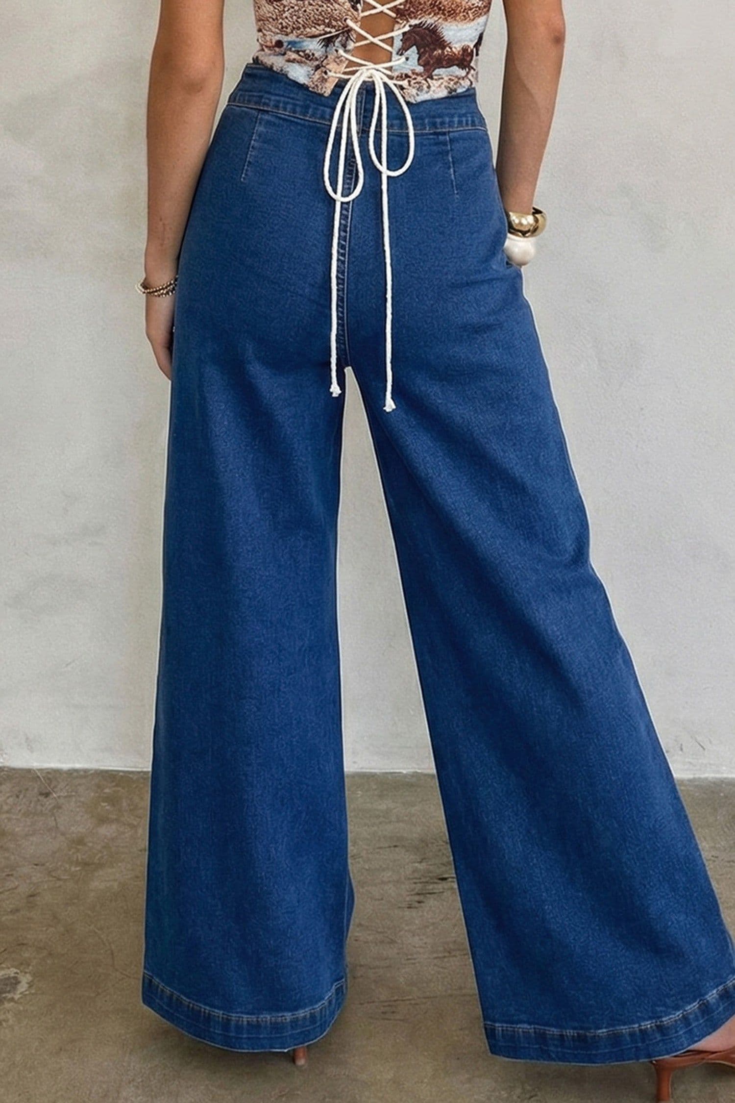 image-Sail Blue Wide Leg Denim Pants - Hardware Decor