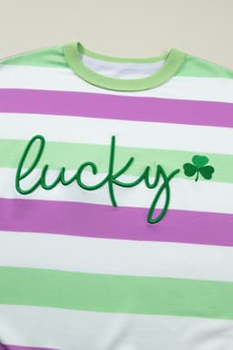 image-Green Stripe Lucky Clover Embroidered Graphic Dolman Loose Tee