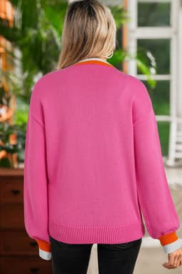 image-Sachet Pink Contrast Crew Neck Pearled Knit Sweater