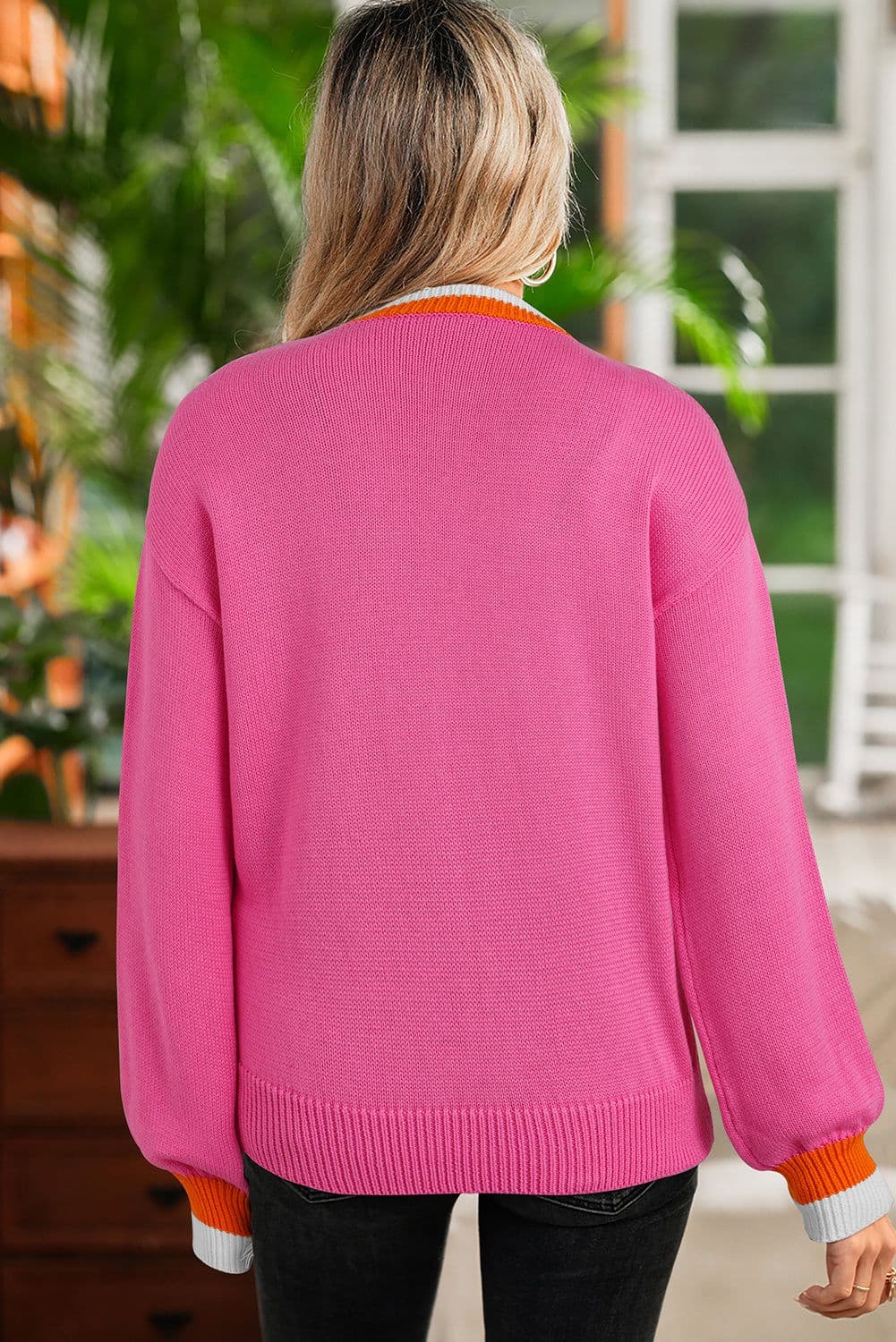 image-Sachet Pink Contrast Crew Neck Pearled Knit Sweater