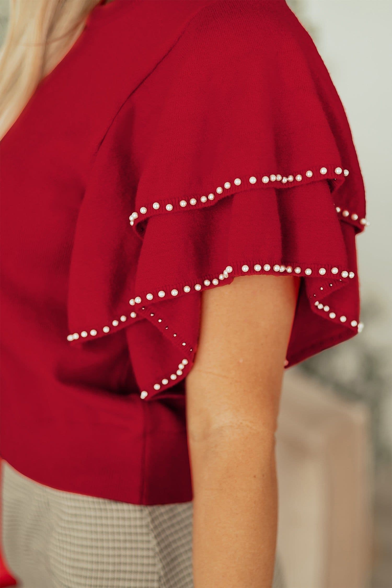 image-Racing Red Pearl Embellished Double Ruffle Sweater
